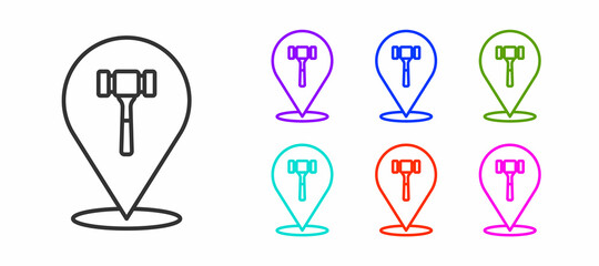 Black line Auction hammer icon isolated on white background. Gavel - hammer of judge or auctioneer. Bidding process, deal done. Auction bidding. Set icons colorful. Vector