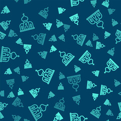 Green line Church building icon isolated seamless pattern on blue background. Christian Church. Religion of church. Vector