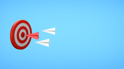 Red paper plane and target with copy space on blue background. Business strategy concept. 3D render illustration. Clipping path of each element included for freely arranged.