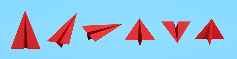 Red paper plane action element on blue background. 3D render illustration. Clipping path of each element included.