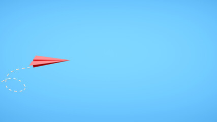 Red paper plane action on blue background. 3D render illustration.