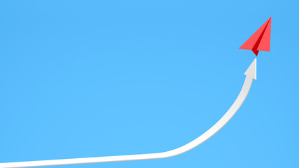 Red paper plane action on blue background. 3D render illustration.