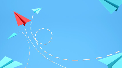 Red paper plane action on blue background. 3D render illustration.