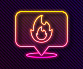 Glowing neon line Map pointer with fire flame icon isolated on black background. Fire nearby. Vector