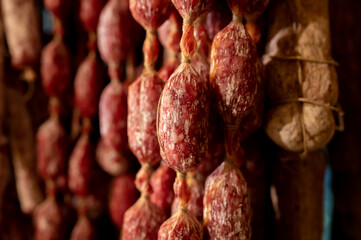 Variety of homemade dried salami sausages hanging in butchery shop in Parma, emilia Romagna, Italy