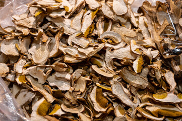 Dried white high quality porcini mushrooms on central market in Florence, Tuscany, Italy