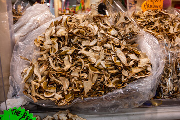 Dried white high quality porcini mushrooms on central market in Florence, Tuscany, Italy