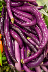 Sicilian long purple eggplants vegetables for sale at Itallian market