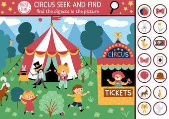 Vector circus searching game with amusement show marquee, clown. Spot hidden objects in the picture. Simple festival tent seek and find educational printable activity for kids. © Lexi Claus