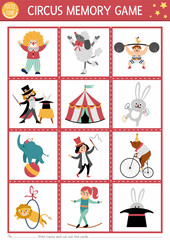 Vector circus memory game cards with cute artists. Amusement show matching activity. Remember and find correct card. Simple entertainment festival printable worksheet for kids.