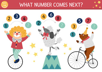 What number comes next. Continue the row game with numerals and cute circus artists. Amusement show logical math activity for preschool kids with clown, poodle, bear on bike. © Lexi Claus