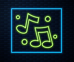 Glowing neon line Music note, tone icon isolated on brick wall background. Vector