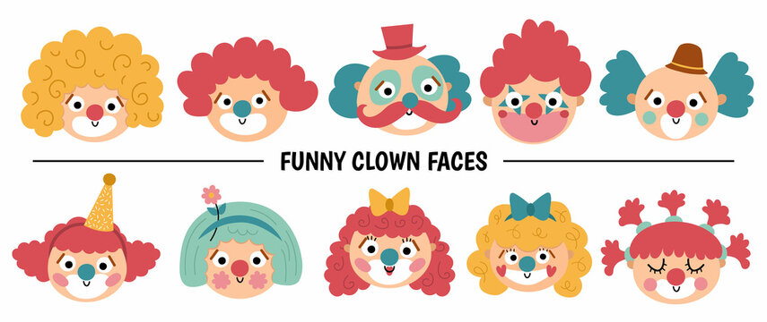 Vector set with clown faces. Circus artists avatars clipart. Amusement holiday icons pack. Cute funny festival characters clip art. Street show comedians illustration.