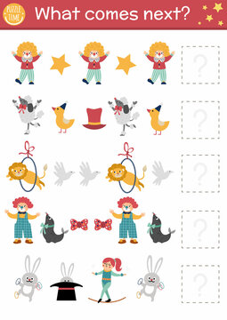 What comes next. Circus matching activity for preschool children with traditional amusement show symbols and characters. Funny festival puzzle or logical worksheet. Continue the row game.