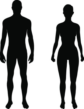 Set of solid black man and woman silhouettes - isolated vector illustration in EPS 8 format. Male and female fit body templates. Fashion mannequin vector shapes