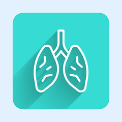White line Lungs icon isolated with long shadow background. Green square button. Vector