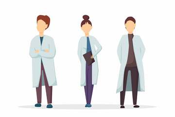 Male and female doctors in white coats. Vector illustration in cartoon style