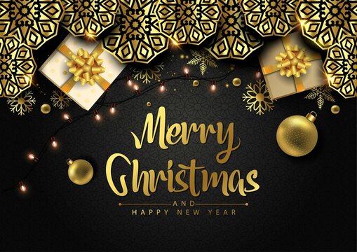 Merry Christmas lettering black background template. Greeting card invitation with golden gift box. Vector illustration design.