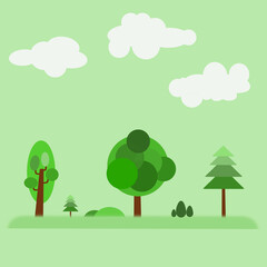 illustration flat art design trees and white cloud in garden, graphic art tree design nature background and wallpaper