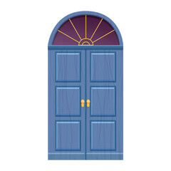 Arch wooden blue door, front entrance with window, textured in cartoon style isolate on white background. Ui game asset, medieval decoration. Vector illustration