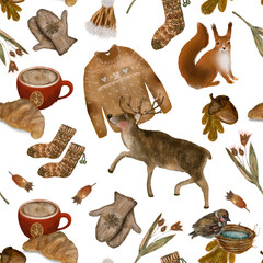 The pattern is in brown tones, with animals and coffee.  Suitable for wrapping paper in cafes and nurseries, as well as for bed linen and wallpaper - 471874573