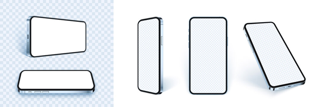 Blue phone mockup set, realistic 3d smartphone
