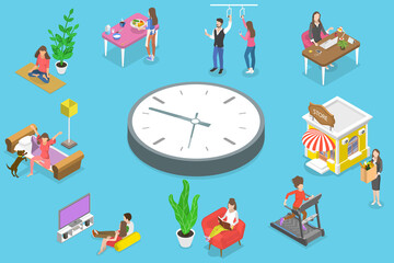 3D Isometric Flat Vector Conceptual Illustration of Female Daily Routine, Waking up, Doing Yoga, Breakfast, Public Transport, Working, Buying Grocery, Book Reading, Movie Watching