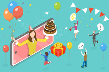 3D Isometric Flat Vector Conceptual Illustration of Virtual Birthday Party, Online Celebration Event with Friends