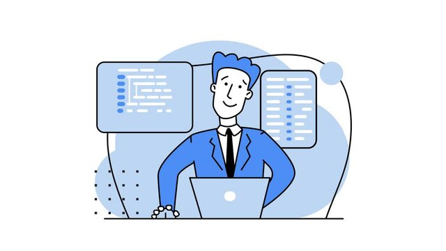 Concept of script coding, programming. A programming language. Programmer working on web development on the laptop. Software developers. 2d cartoon animation. Workplace of the programmer. Looped video