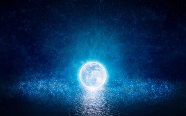Full moon party concept image. Luminous sphere, similar to full moon, levitates over water