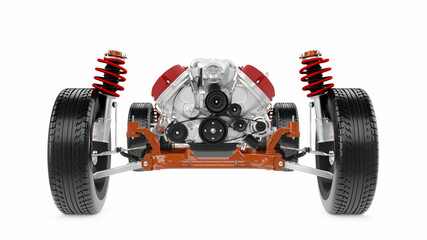 Car chassis 3D rendering isolated on white background. Front view. - 471875571