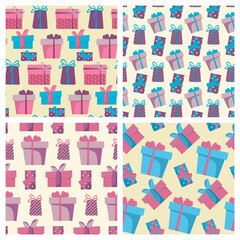 Set of seamless vector patterns with gift boxes in flat style. Christmas gift paper design. Festive gift wrapping. Bright and beautiful Christmas pattern