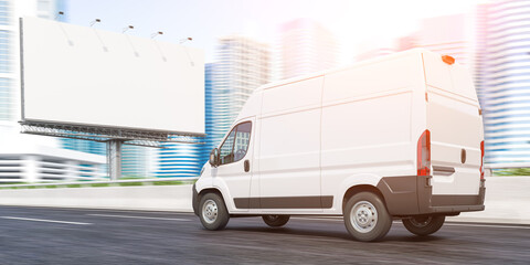 Delivery van moving to downtown skyscrapers and empty billboard. Express delivery and moving.