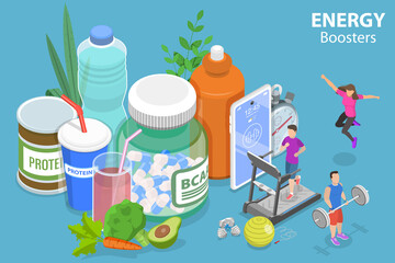 3D Isometric Flat Vector Conceptual Illustration of Energy Boosters, Nutrition and Athletic Performance