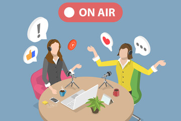 3D Isometric Flat Vector Conceptual Illustration of Podcast Recording, Online Broadcasting Program