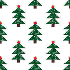 Seamless pattern with green Christmas trees, decorated with a star, garland and snowflakes on a white background. Watercolor illustration. Festive print. For printing on fabric, packaging, postcards.