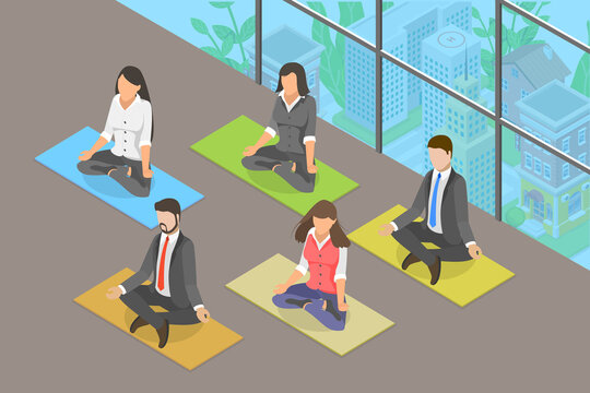 3D Isometric Flat Vector Conceptual Illustration of Meditation At Work, Relaxing and Stress Relief in Office