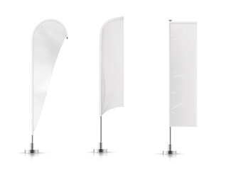 Set of white flags isolated 3 different shapes mockup on white background