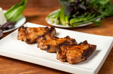 Caucasian shashlik plate with grilled meat .  pork bbq