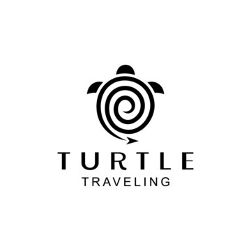 Turtle traveling with line art style in white background, template vector logo design as you editable