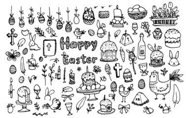 Set for Easter. Hand-drawn collection for the spring Easter holiday, in doodle style, cakes, eggs and chicken, bow, rabbit, wine and flowers isolated black outline on white for the holiday template
