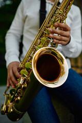 Male saxophonist plays the saxophone in park