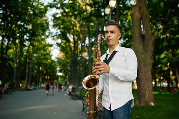 Saxophonist plays melody in summer park