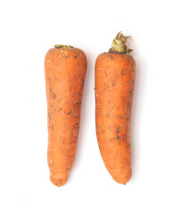 Dirty carrots on a white background.