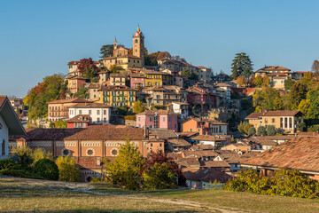 Panoramic sight of Monforte d'Alba village during fall season. Langhe region of Piedmont, Cuneo,...