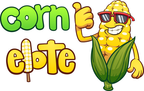 Cool Corn Character With Text In English And Spanish. Vector Clip Art Illustration With Simple Gradients. Some Elements On Separate Layers.
