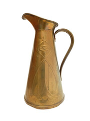 Front view of brass vase with handle isolated on white background. Close up of Antique style gilt metal jug. Home decor and utensils. Vintage Copper Brass Water Jugs isolated.