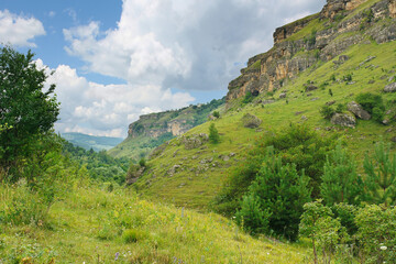 Beautiful view of rocks in gorge in foothills of North Caucasus.