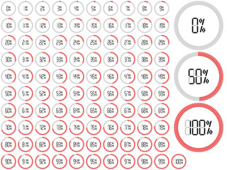 Progress bar set. Red and gray strokes, round ring or donut chart. User interface element, indicator, infographic or animation. Flat design. Vector illustration. EPS 8, no gradients, no transparency