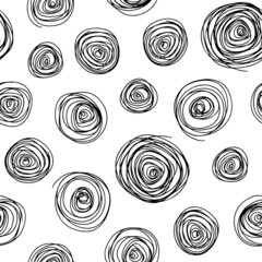 Fototapeta na wymiar Black ink contour linear spiral circles isolated on white background. Monochrome geometric seamless pattern. Vector simple flat graphic hand drawn illustration. Texture.